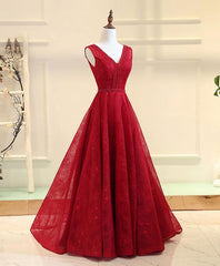 Boho Dress, Burgundy V Neck Lace Long Prom Gown Burgundy Evening Dress