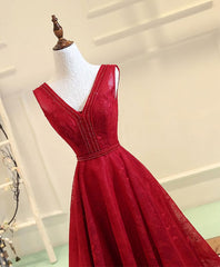 Short Formal Dress, Burgundy V Neck Lace Long Prom Gown Burgundy Evening Dress