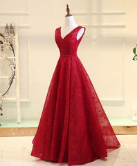 Formal, Burgundy V Neck Lace Long Prom Gown Burgundy Evening Dress