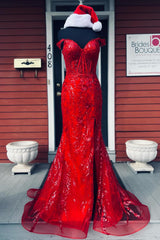 Formal Dresses Ball Gown, Fuchsia Off-Shoulder Sequined Floral Mermaid Long Prom Dress with Slit