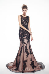 Formal Dresses And Gowns, Brown And Black Memraid Appliques Backless Prom Dresses With Sash