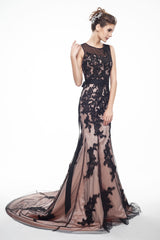 Formal Dress For Weddings, Brown And Black Memraid Appliques Backless Prom Dresses With Sash