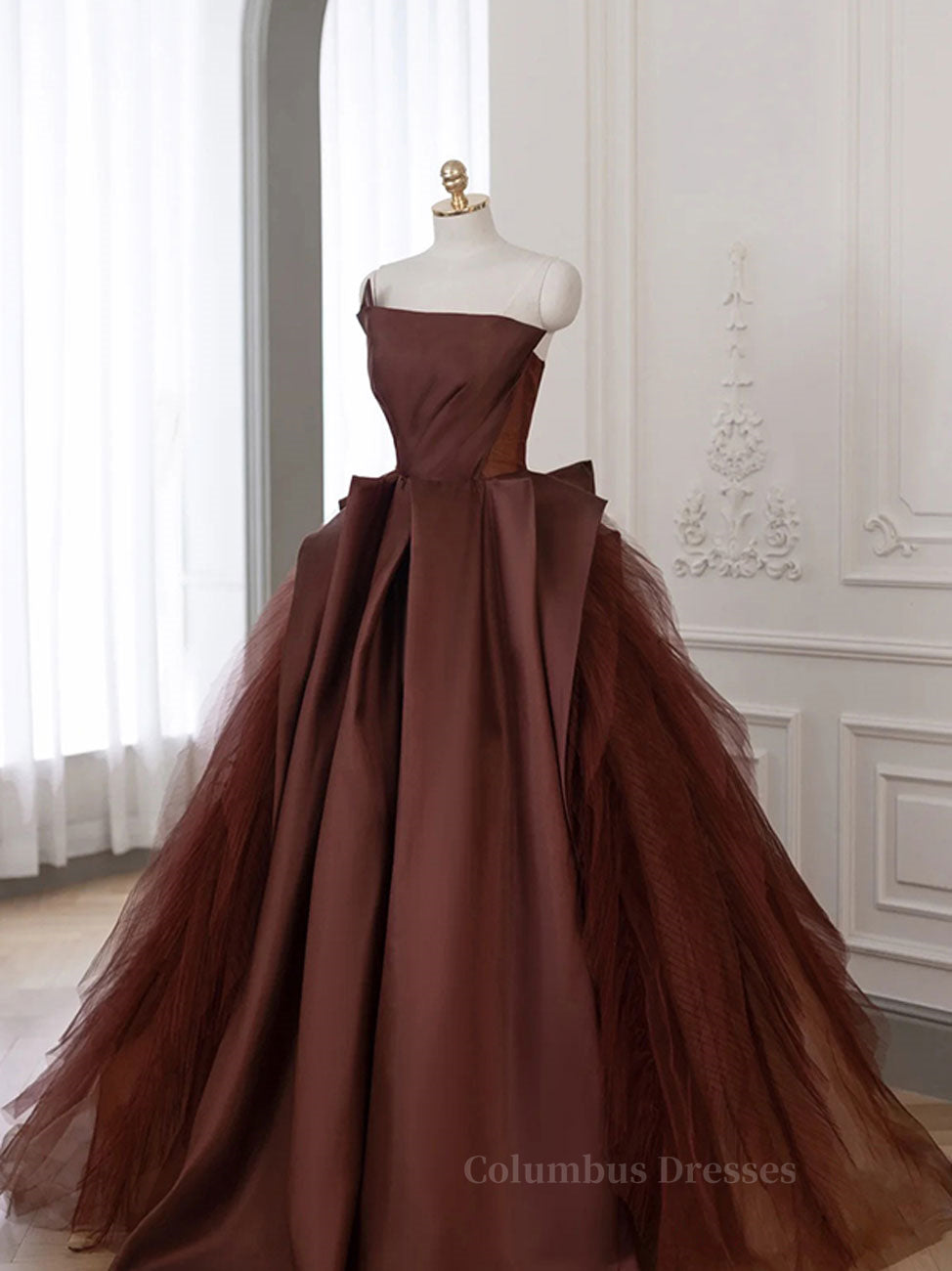 Evening Dress Long, Brown Satin Tulle Long Prom Gown, Brown Long Evening Dresses