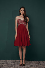 Party Dress Man, A-line Embroidery Chiffon Short Strapless Corset Back Beaded Homecoming Dresses