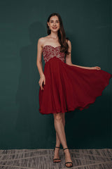 Party Dress Boots, A-line Embroidery Chiffon Short Strapless Corset Back Beaded Homecoming Dresses