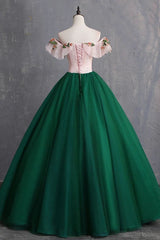Formal Dress Ballgown, Green Off the Shoulder Floor Length Prom Dress with Appliques, Puffy Quinceanera Dress
