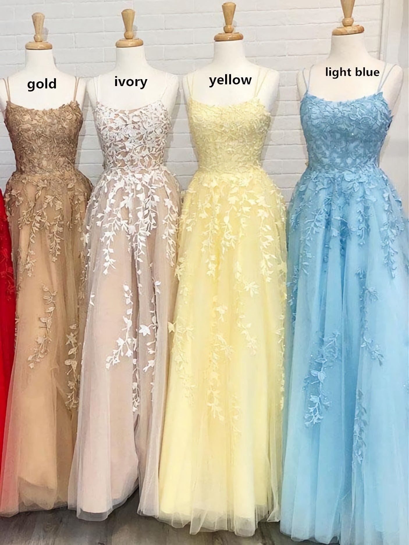Short White Dress, A Line Tulle Yellow Spaghetti Straps Prom Dresses With Appliques Party Dresses