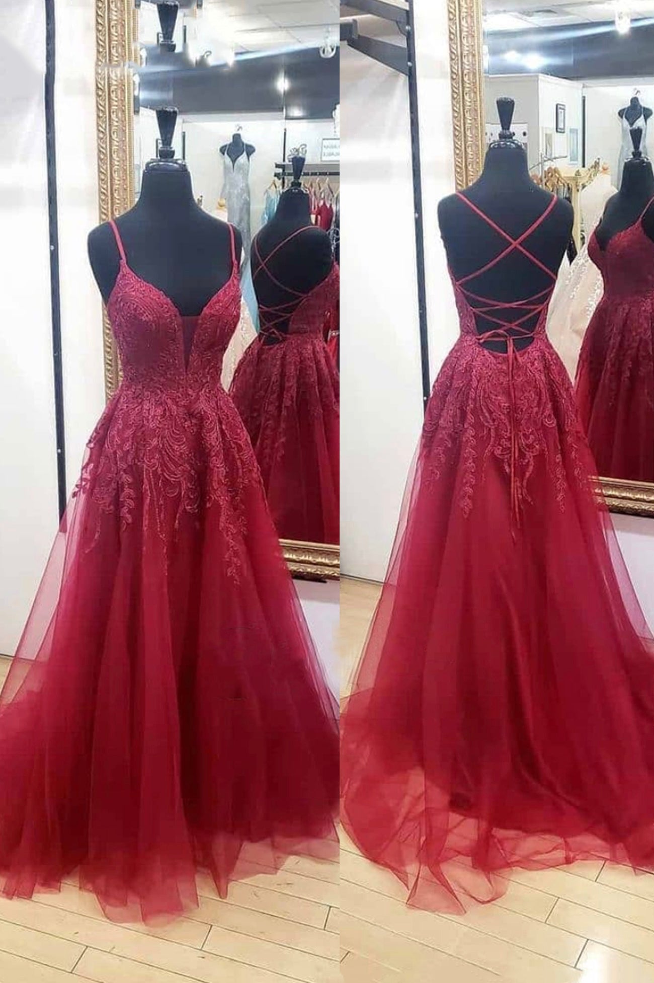 Ranch Dress, Burgundy Lace Long Prom Dresses, A-Line Backless Evening Dresses
