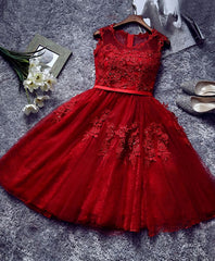 Formal Dress Style, Burgundy Lace Tulle Short Prom Dress, Lace Evening Dress