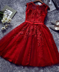 Formal Dress Styles, Burgundy Lace Tulle Short Prom Dress, Lace Evening Dress