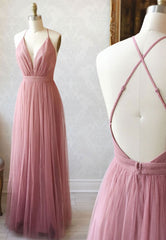 Formal Dresses Midi, Simple Tulle Long Prom Dress, A Line Backless Evening Dress