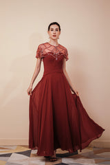 Party Dresses With Sleeves, A Line Chiffon Beading Long Zipper Back Mother of the Bride Dresses