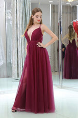 Bridesmaid Dresses Styles Long, Burgundy A Line Floor Length Deep V Neck Sleeveless Side Slit Prom Dresses