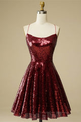Bridesmaid Dress With Lace, Burgundy A-line Lace-Up Back Sequins Mini Homecoming Dress