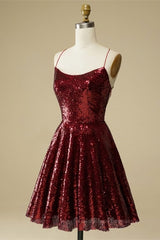 Bridesmaids Dresses With Lace, Burgundy A-line Lace-Up Back Sequins Mini Homecoming Dress