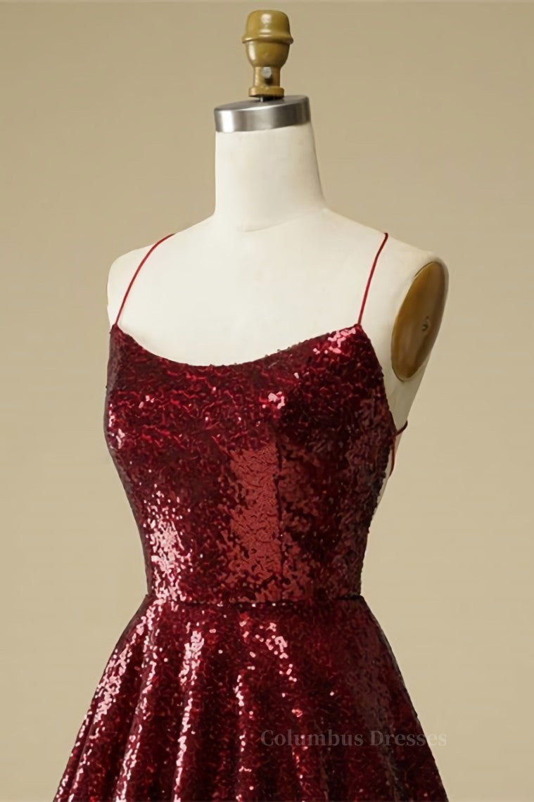 Bridesmaid Dresses With Lace, Burgundy A-line Lace-Up Back Sequins Mini Homecoming Dress