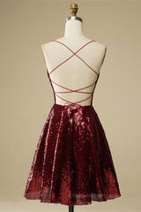 Bridesmaid Dresses Mismatched Summer, Burgundy A-line Lace-Up Back Sequins Mini Homecoming Dress
