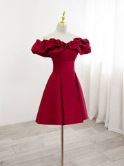 Evening Dresses 2025, Burgundy A-Line Off Shoulder Satin  Short Prom Dress, Burgundy Homecoming Dress