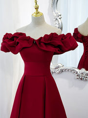 Evening Dresses Lace, Burgundy A-Line Off Shoulder Satin  Short Prom Dress, Burgundy Homecoming Dress