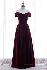 Prom Dress Different, Burgundy A-line Off-the-Shoulder Pleated Bow Velvet Maxi Formal Dress