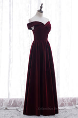 Prom Dress 2055, Burgundy A-line Off-the-Shoulder Pleated Bow Velvet Maxi Formal Dress