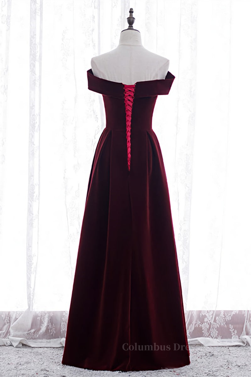 Prom Dresse 2048, Burgundy A-line Off-the-Shoulder Pleated Bow Velvet Maxi Formal Dress