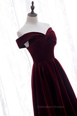 Prom Dress2048, Burgundy A-line Off-the-Shoulder Pleated Bow Velvet Maxi Formal Dress