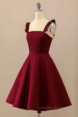 Party Dress Codes, Burgundy A-line Ruffle Straps Satin Mini Homecoming Dress