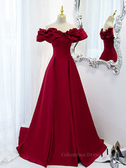 Evening Dresses 90050, Burgundy A-Line Satin Long Prom Dress, Burgundy Formal Evening Dresses
