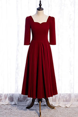 Homecomeing Dresses Vintage, Burgundy A-line Sleeves Square Neck Pleated Tea Length Formal Dress