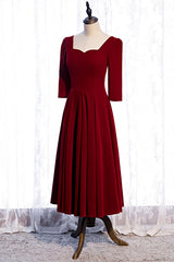 Homecomming Dresses Vintage, Burgundy A-line Sleeves Square Neck Pleated Tea Length Formal Dress