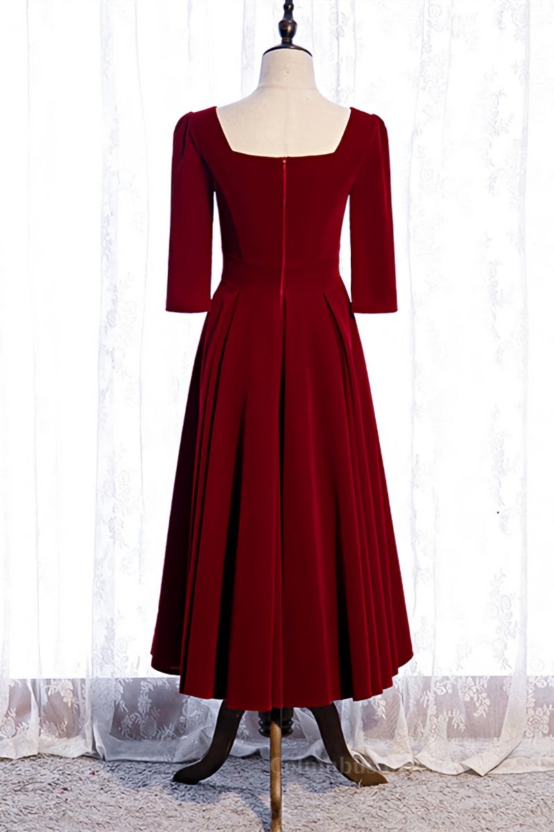 Homecomming Dress Vintage, Burgundy A-line Sleeves Square Neck Pleated Tea Length Formal Dress