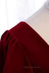 Homecoming Dress Sweetheart, Burgundy A-line Sleeves Square Neck Pleated Tea Length Formal Dress