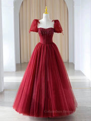 Formal Dresses For Teen, Burgundy A line tulle beads long prom dress burgundy formal dress