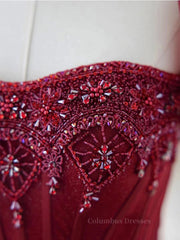 Formal Dress For Teens, Burgundy A line tulle beads long prom dress burgundy formal dress