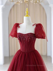 Formal Dresses Floral, Burgundy A line tulle beads long prom dress burgundy formal dress