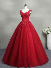 Homecoming Dresses Knee Length, Burgundy A-Line Tulle Lace Long Prom Dress, Burgundy Formal Evening Dress