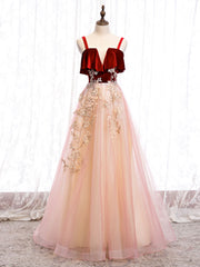 Strapless Dress, Burgundy A-line Tulle Lace Long Prom Dress Tulle Formal Dress