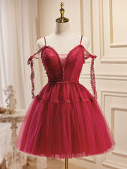 Evening Dresses Near Me, Burgundy A-Line Tulle Lace Short Prom Dress, Burgundy Homecoming Dresses