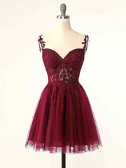 Formal Dresses Classy Elegant, Burgundy A-Line Tulle Lace Short Prom Dress, Cute Burgundy Homecoming Dress