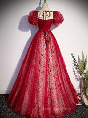 Sparklie Dress, Burgundy A line tulle long prom dress burgundy evening dress