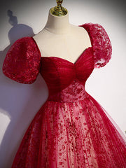 Party Dress Halter Neck, Burgundy A line tulle long prom dress burgundy evening dress
