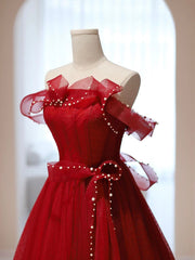 Formal Dressed Long Gowns, Burgundy A-Line Tulle Long Prom Dress, Burgundy Tulle Formal Dress