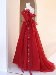 Formal Dress Long Gown, Burgundy A-Line Tulle Long Prom Dress, Burgundy Tulle Formal Dress