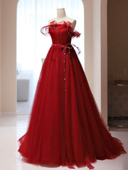 Formal Dress Classy, Burgundy A-Line Tulle Long Prom Dress, Burgundy Tulle Formal Dress