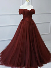 Prom Dress Two Pieces, Burgundy A line Tulle Long Prom Dresses, Burgundy Long Bridesmaid Dresses