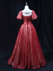 Dream, Burgundy A line Tulle Sequin Long Prom Dress Burgundy Tulle Formal Evening Dress