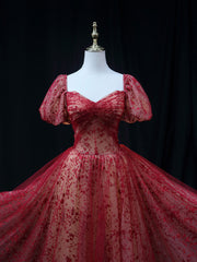 Vintage Dress, Burgundy A line Tulle Sequin Long Prom Dress Burgundy Tulle Formal Evening Dress