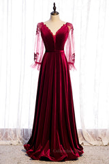 Evening Dresses Midi, Burgundy A-line V Neck Long Sleeves Beaded Appliques Maxi Formal Dress