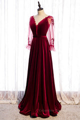 Evening Dresses Long Sleeve, Burgundy A-line V Neck Long Sleeves Beaded Appliques Maxi Formal Dress